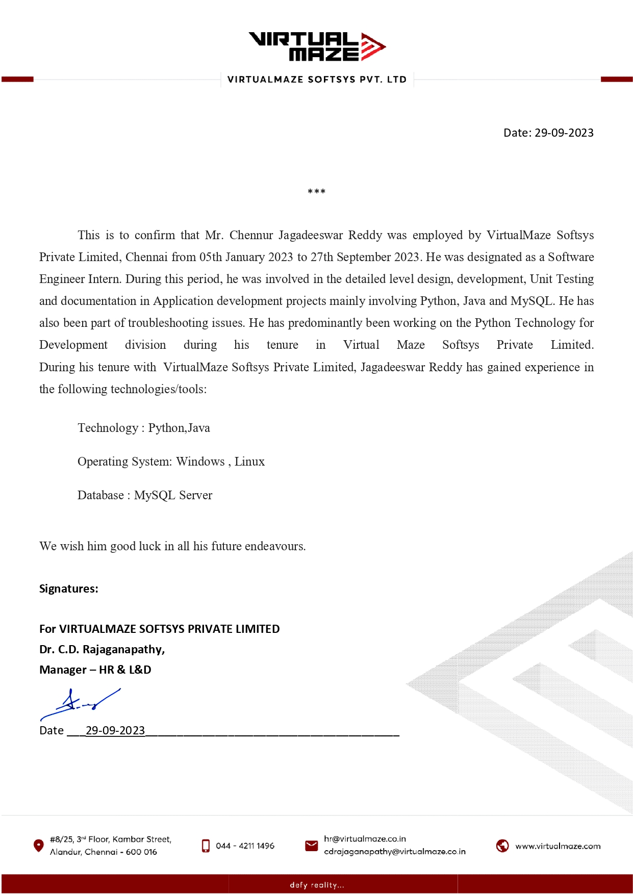 Intern Certificate